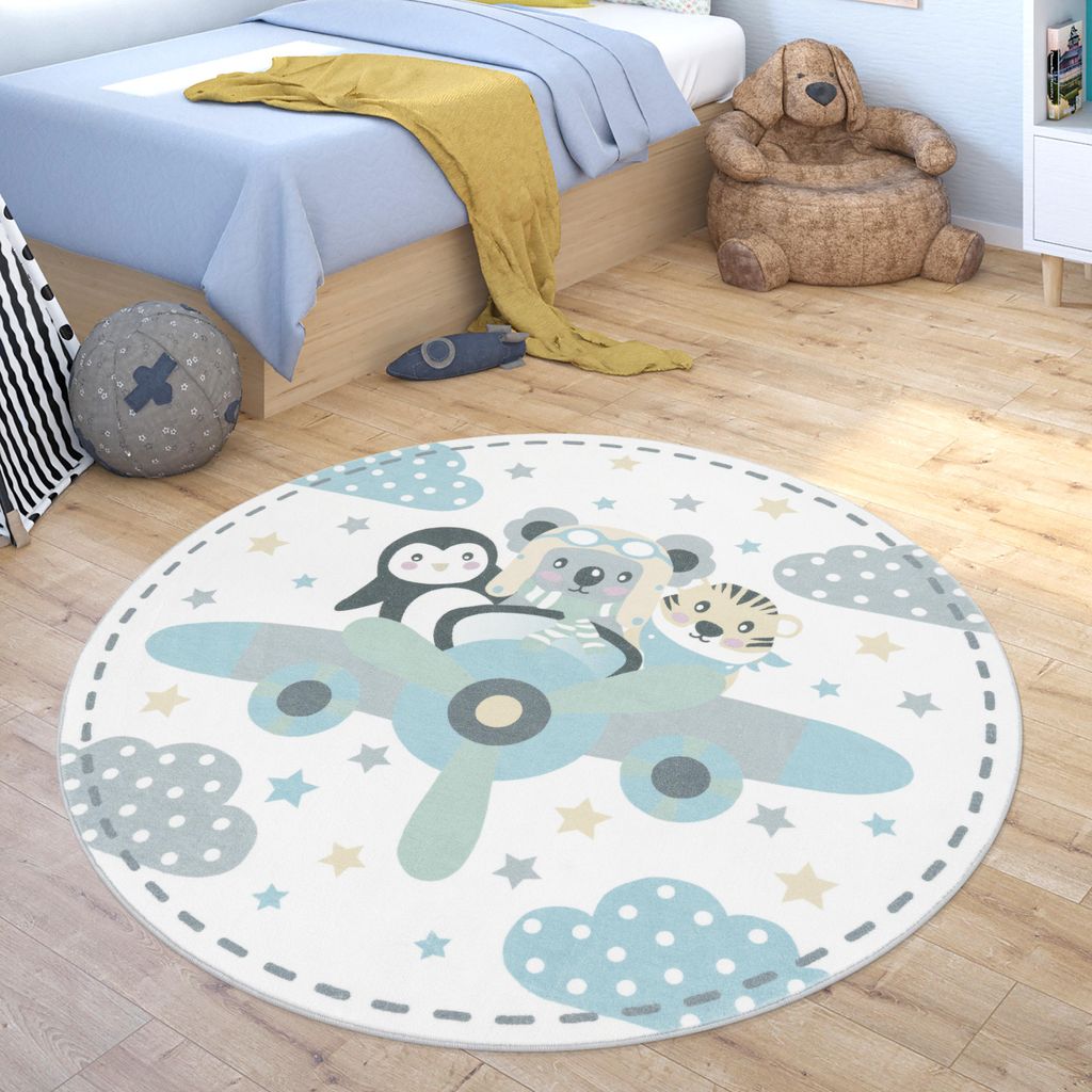 Kinderteppich Rund Waschbar Kinderzimmer Flugzeug Tiere Produktbild 