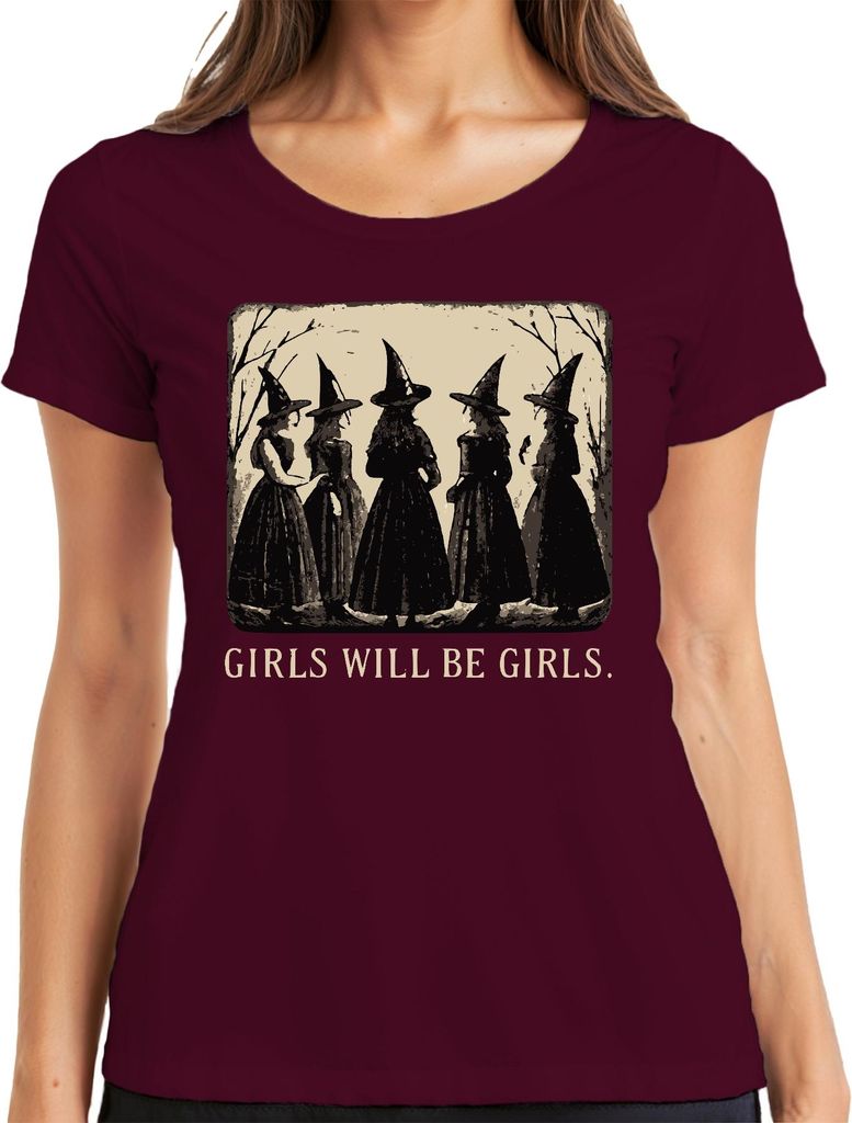 Girls will be girls Hexen Vintage Halloween Gothic Retro Mädchen Damen T-Shirt, Burgundy, 3XL