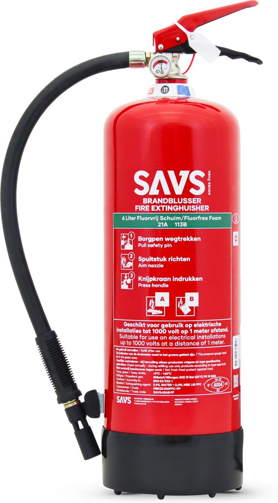 SAVS Feuerlöscher Schaum 6 Liter - 21A 113B - Fluor- und PFAS-frei - Mit Halterung - Europäische Produktion - Schaumlöscher