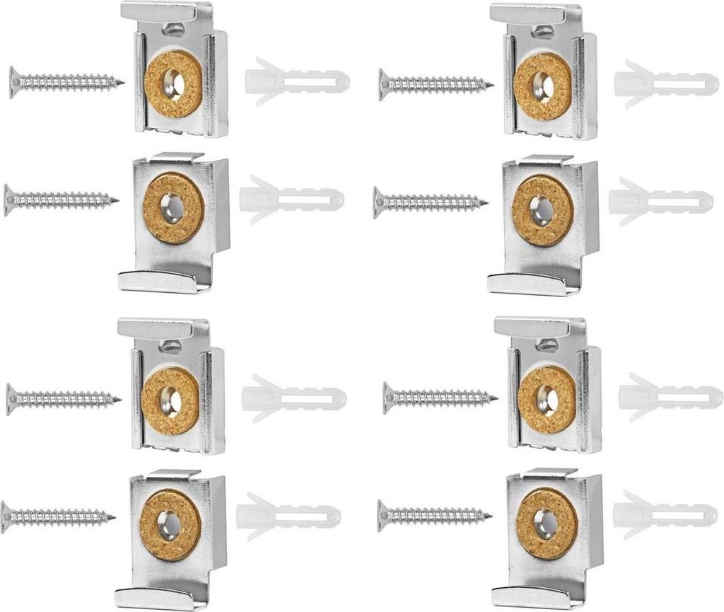 8er Set - Spiegelaufhängung Clips Set mit Dübel und Schrauben | 8x Spiegelklammern in Silber | Spiegelhalterung - Spiegelbefestigung Wandmontage ...