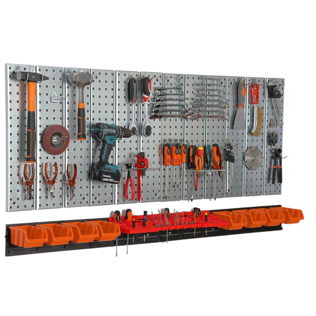 Werkzeugwand 156x72 cm Metall Lagersystem mit Werkzeughaltern Werkzeughaken und 8 Stapelboxen 100 x 150 x 70 mm Farbe: orange Lochbrett Werkstatt G...