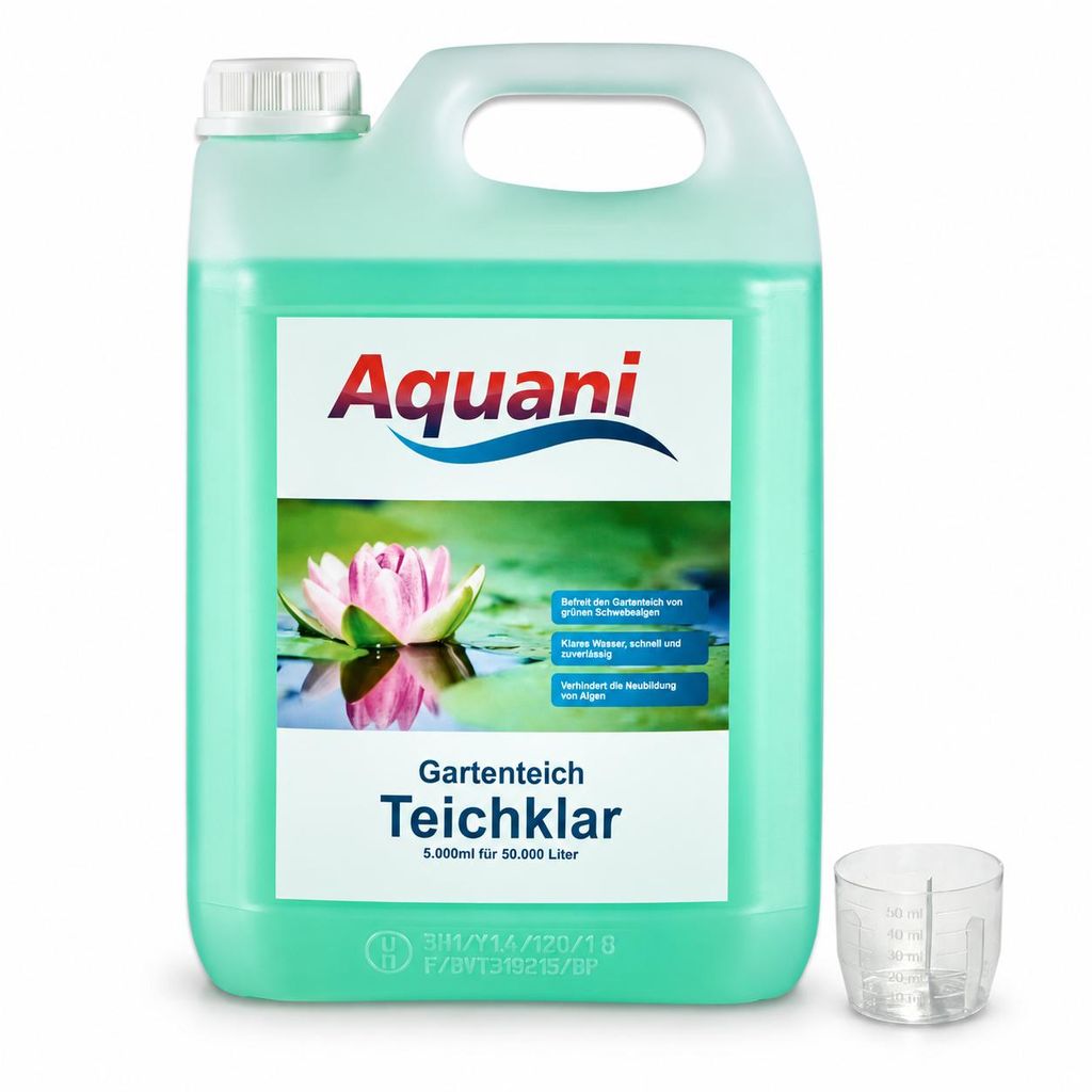 Aquani Teichklar, 5 L mit Messbecher auf weißem Hintergrund KI-generiertes Bild