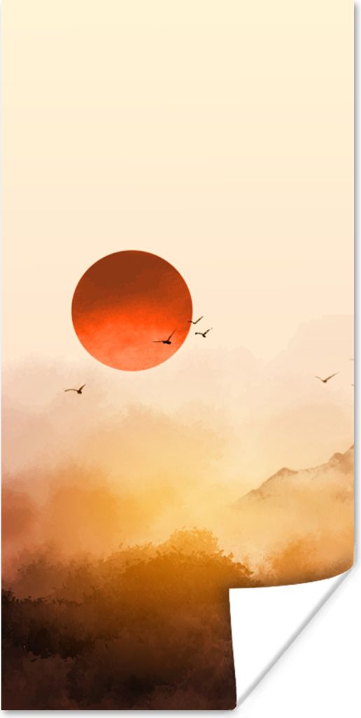 MuchoWow Poster Malerei - Sonne - Landschaft - Vögel 20x40 cm - Plakat - Foto