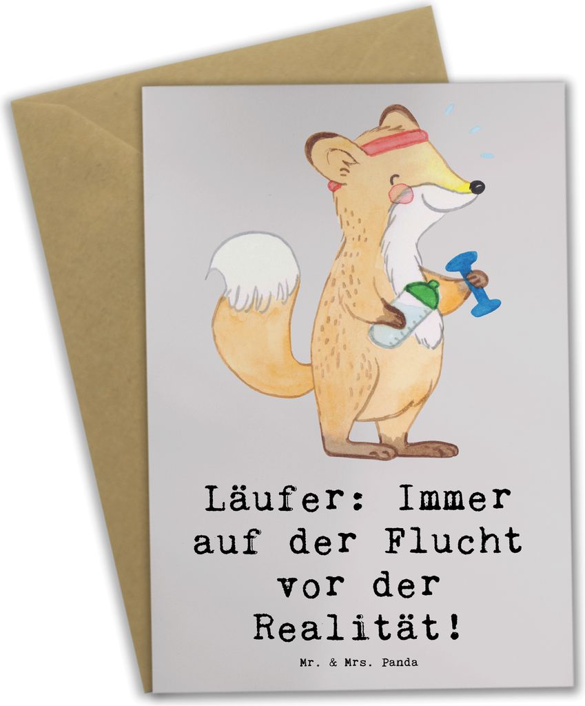 Mr. & Mrs. Panda Grußkarte Laufen Realitätsflucht - Grau Pastell - Geschenk, osterkarte, Sport, Sportler Geschenke, Realität, neujahrskarte, ein...