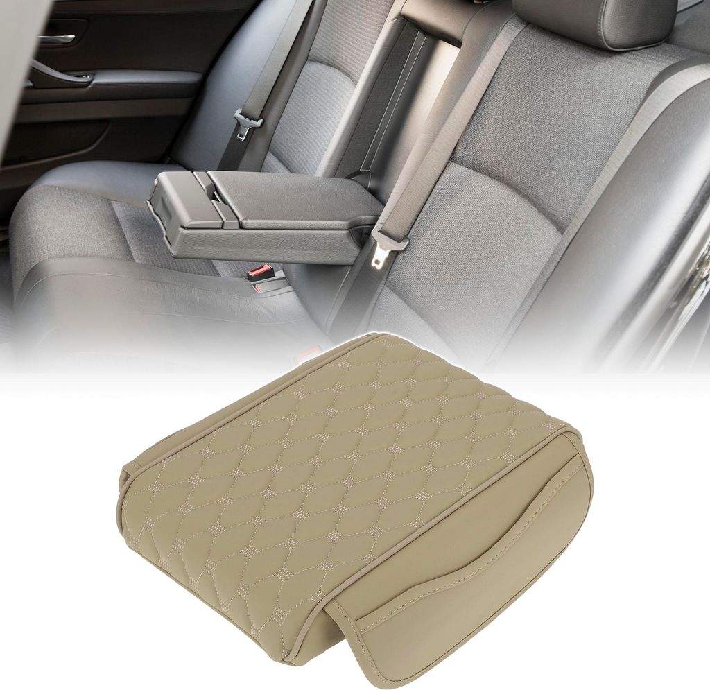 Center Console Kissen Pad mit Aufbewahrungstaschen 12,2"x7,87" Center Console Abdeckung Armlehne Sitzbox Abdeckung Kunstleder Beige