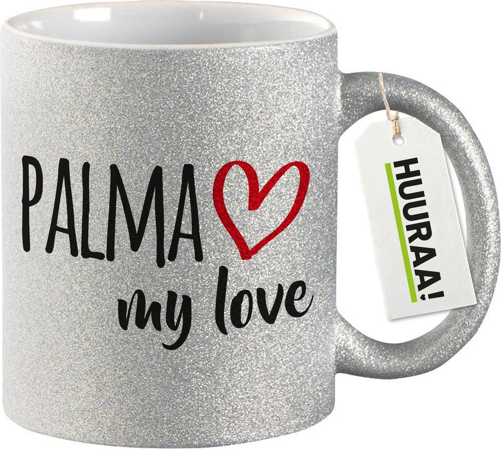Huuraa Glitzertasse Palma my love 330ml Silber Keramik Kaffeebecher Geschenkidee