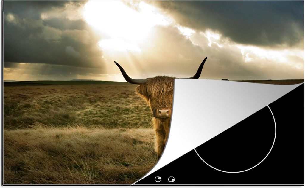 KitchenYeah Herdabdeckplatte Schottischer Hochländer - Sonne - Gras , 80x52cm, Küche Deko, Glaskeramikfeld Herdabdeckung, Abdeckplatte fùr Koc...