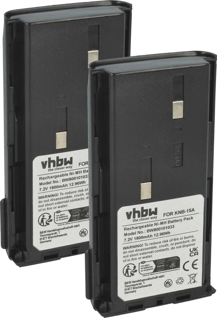 vhbw 2x Akku kompatibel mit Kenwood TK 388G, 388, 378G, 378, 373 Funkgerät, Walkie Talkie (1800 mAh, 7,2 V, NiMH)
