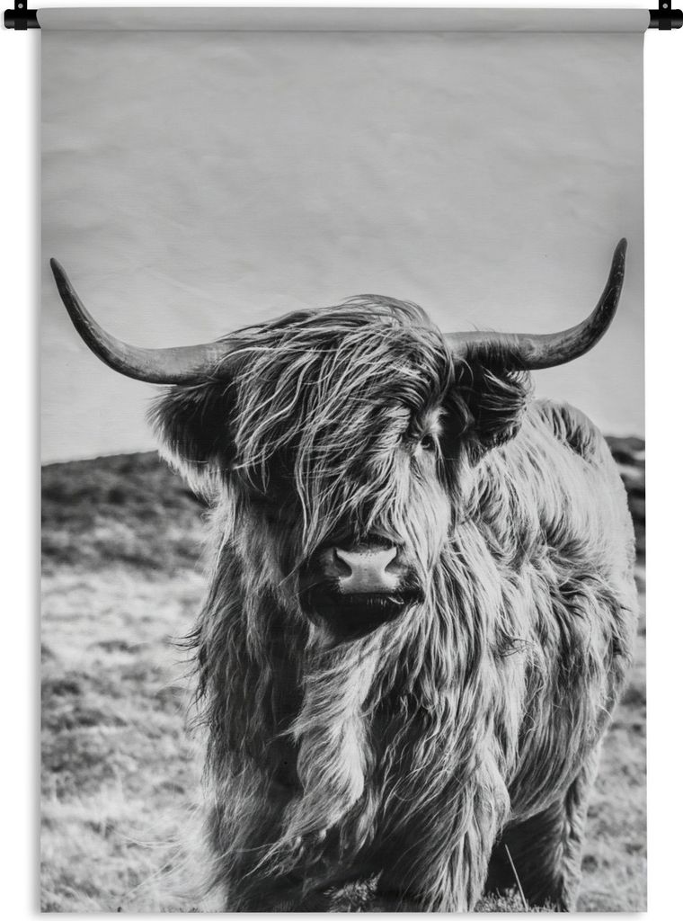 MuchoWow Wandteppich Wandbehang Scottish Highlander - Schwarz - Weiß 60x90 cm Tapisserie Dekoration Wandtuch - Foto-Teppich - Abwaschbar
