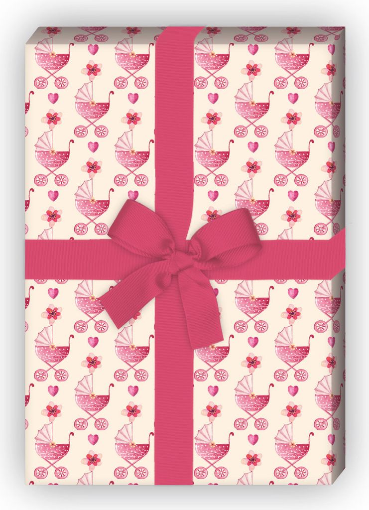 Süßes gemaltes Baby Geschenkpapier mit Kinderwagen, rosa - G11491, 32 x 48cm