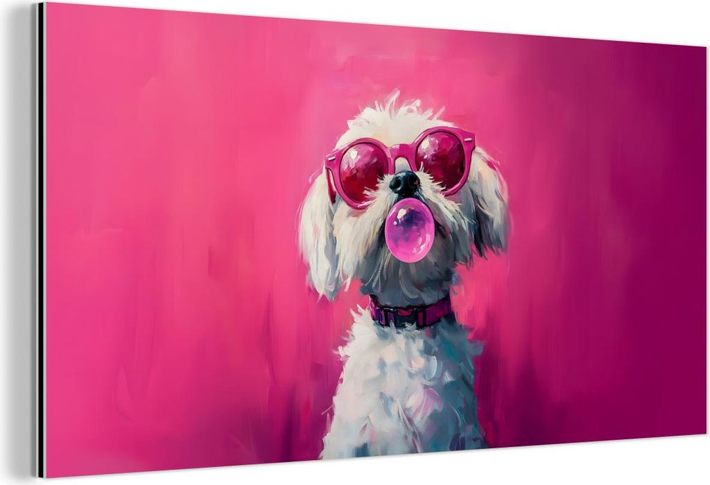 MuchoWow Wanddekoration Metall Metallbild Wandkunst 80x40 cm Rosa - Hund - Blase MuchoWow Aluminium Gemälde - Wanddekoration - Alubild