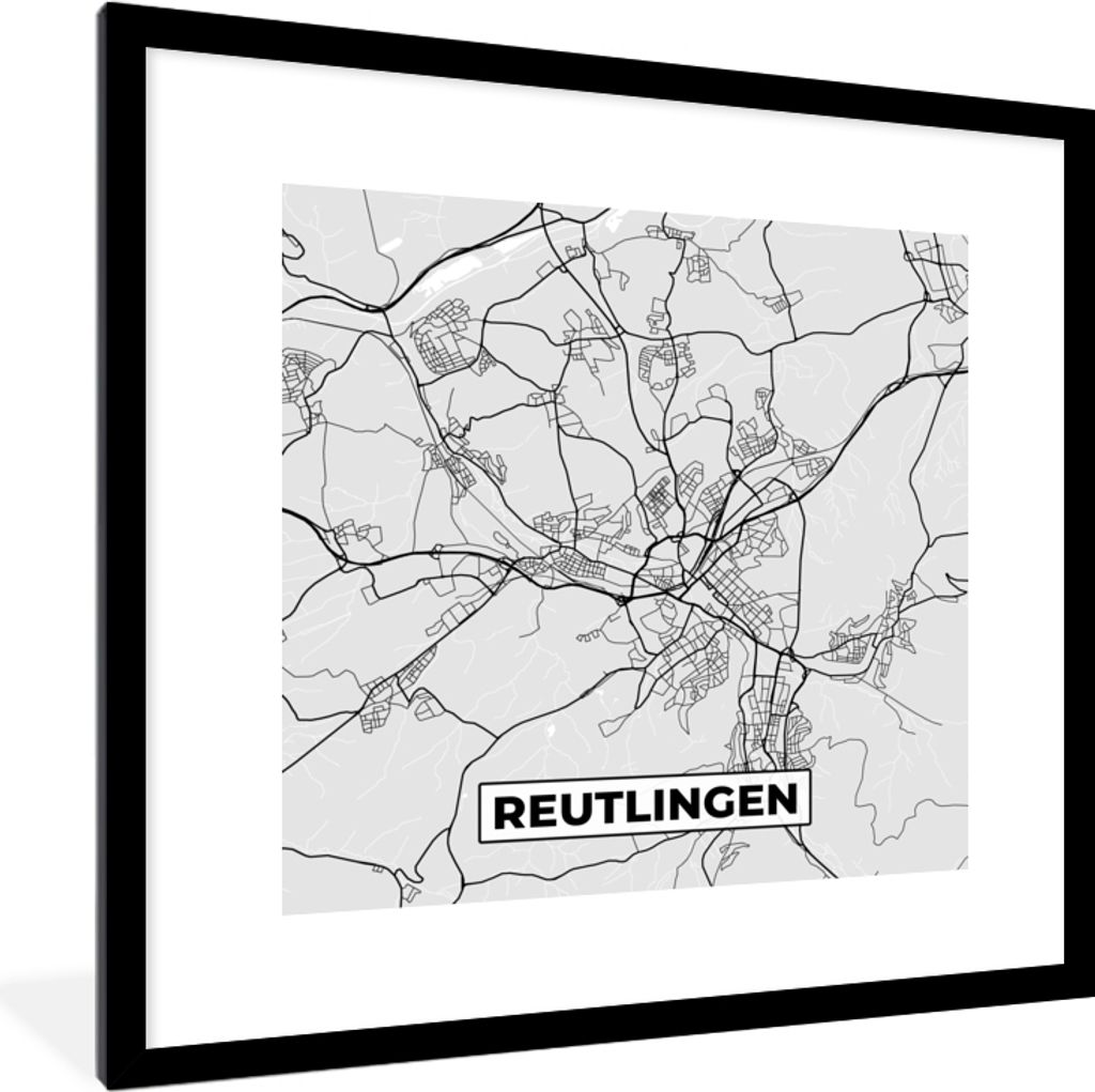 MuchoWow Gerahmtes Poster Karte - Stadtplan - Deutschland - Reutlingen 40x40 cm - Poster mit Schwarzem Bilderrahmen Wandposter Rahmen Foto Bilder...