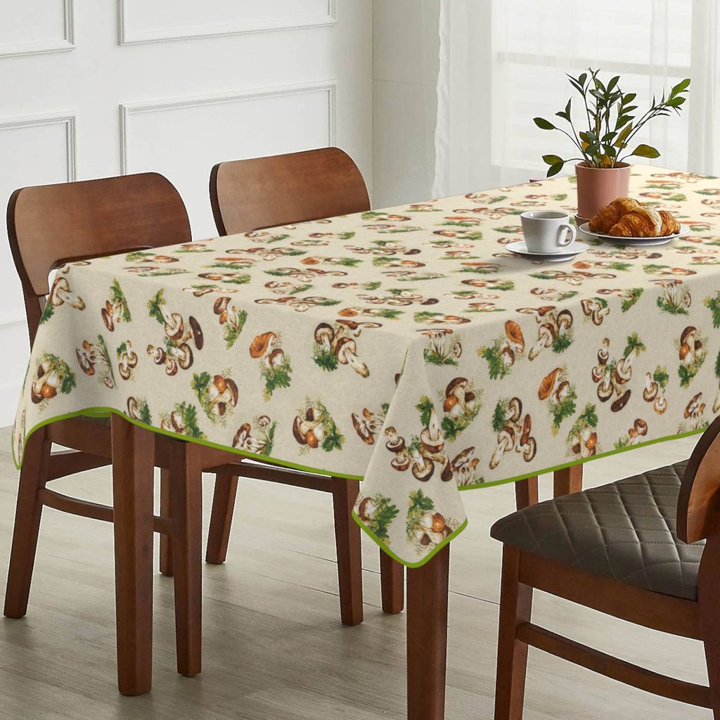 Tischdecke Pilze aus Stoff mit Digitalprint Tischtuch EasyClean ACRYL Beschichtet Tischwäsche Digitaldruck Beige 100x160cm mit Paspelband