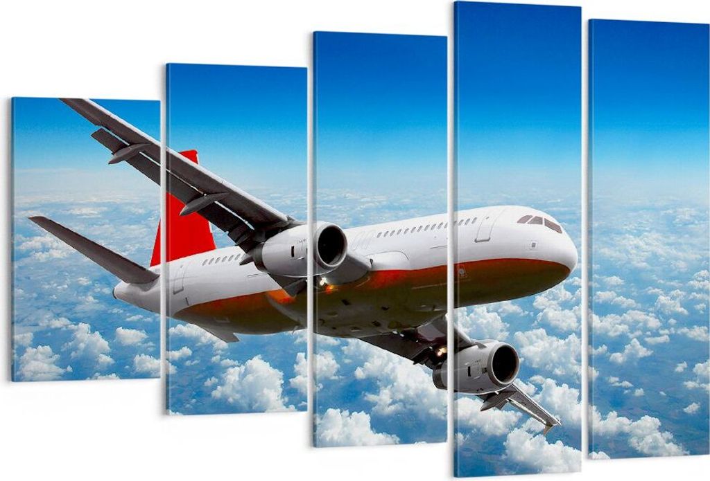 Bild auf Leinwand - Leinwandbild - Passagier Flugzeug Motoren Wolken - 150x100cm - Wand Bild - Wanddeko - Leinwanddruck - Bilder - Kunstdruck - Lei...