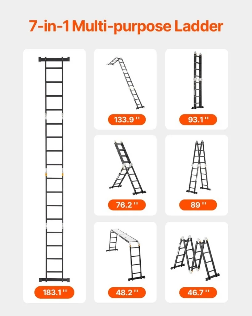 Échafaudage mobile et échelle transformable 7 en 1 avec plateau stable