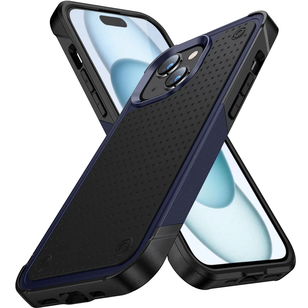 Custodia per iPhone 15, qualità militare, custodia ibrida antiurto 2in1 in PC rigido e TPU morbido blu nero