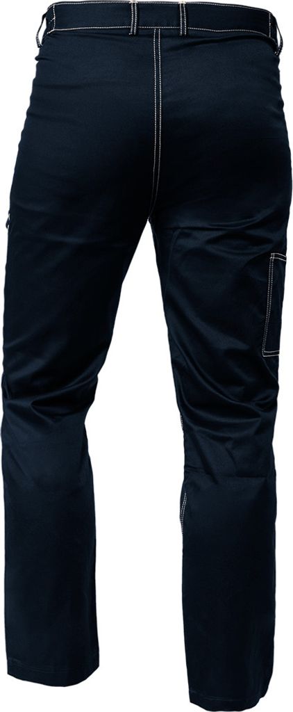 A back view of dark blue work pants on a white background.