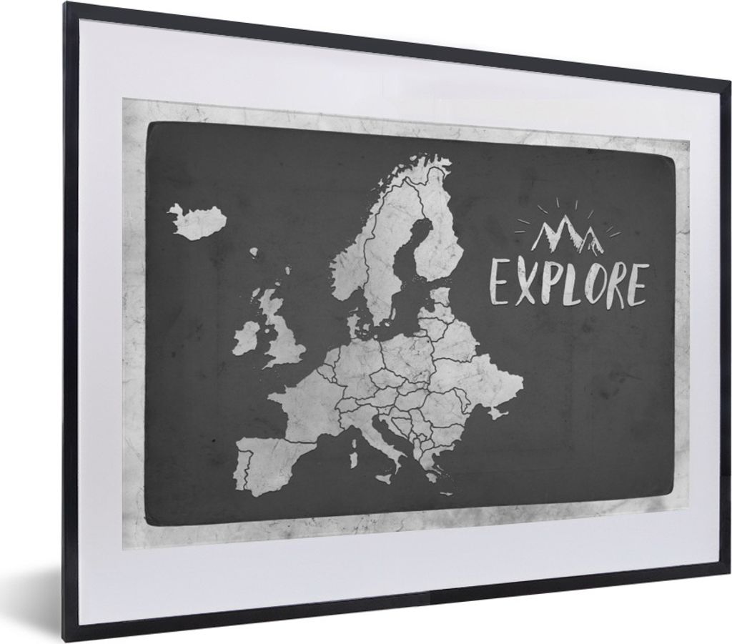 MuchoWow Gerahmtes Poster Vintage Eurocard mit dem Text "Explore" - schwarz und weiß 40x30 cm - Poster mit Schwarzem Bilderrahmen Wandposter Rah...