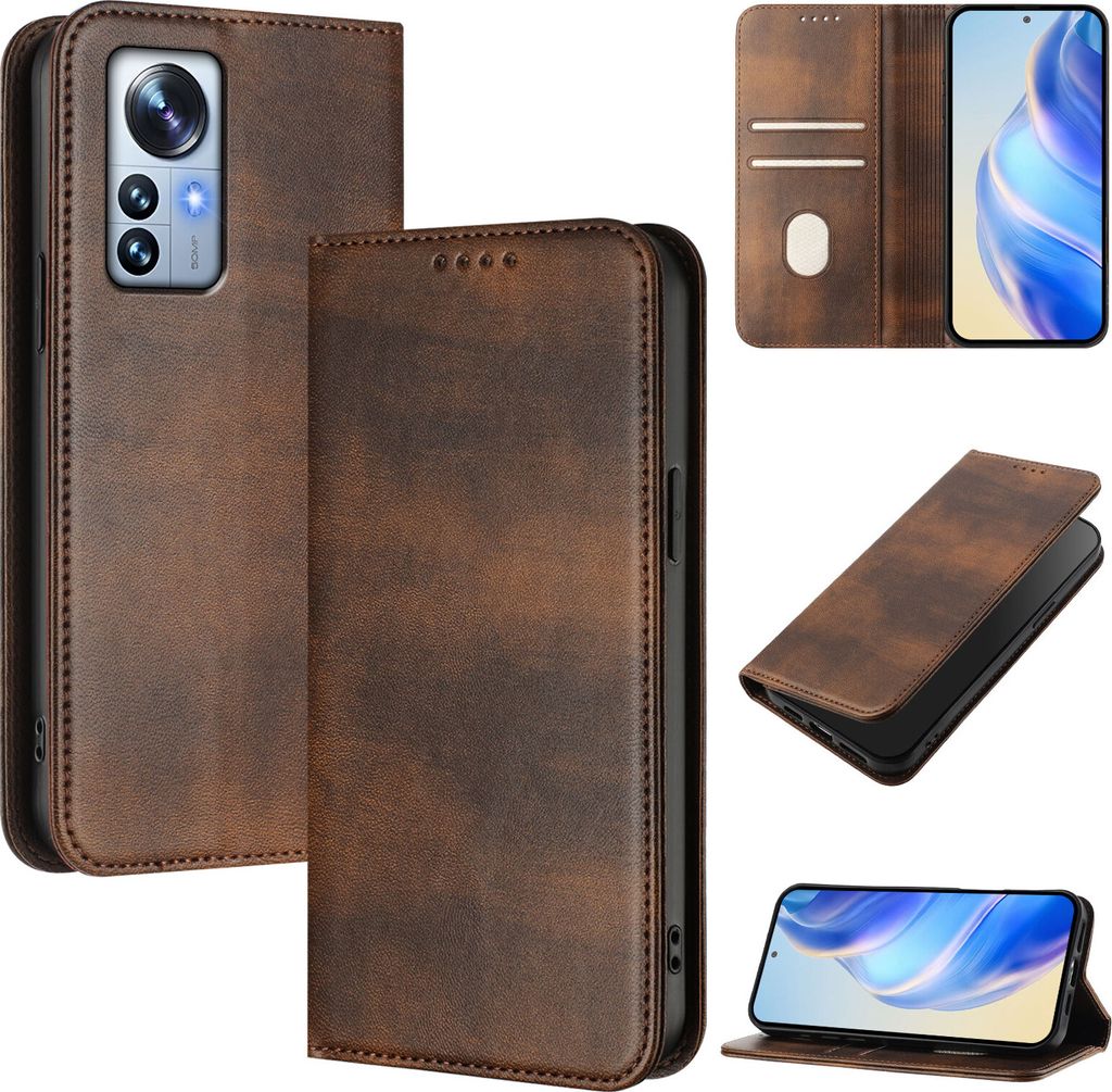 Handyhülle für Xiaomi 12 Pro/Xiaomi 12S Pro, Vintage Leder RFID Schutz Kartenfach Standfunktion Magnetische Klapphülle Braun