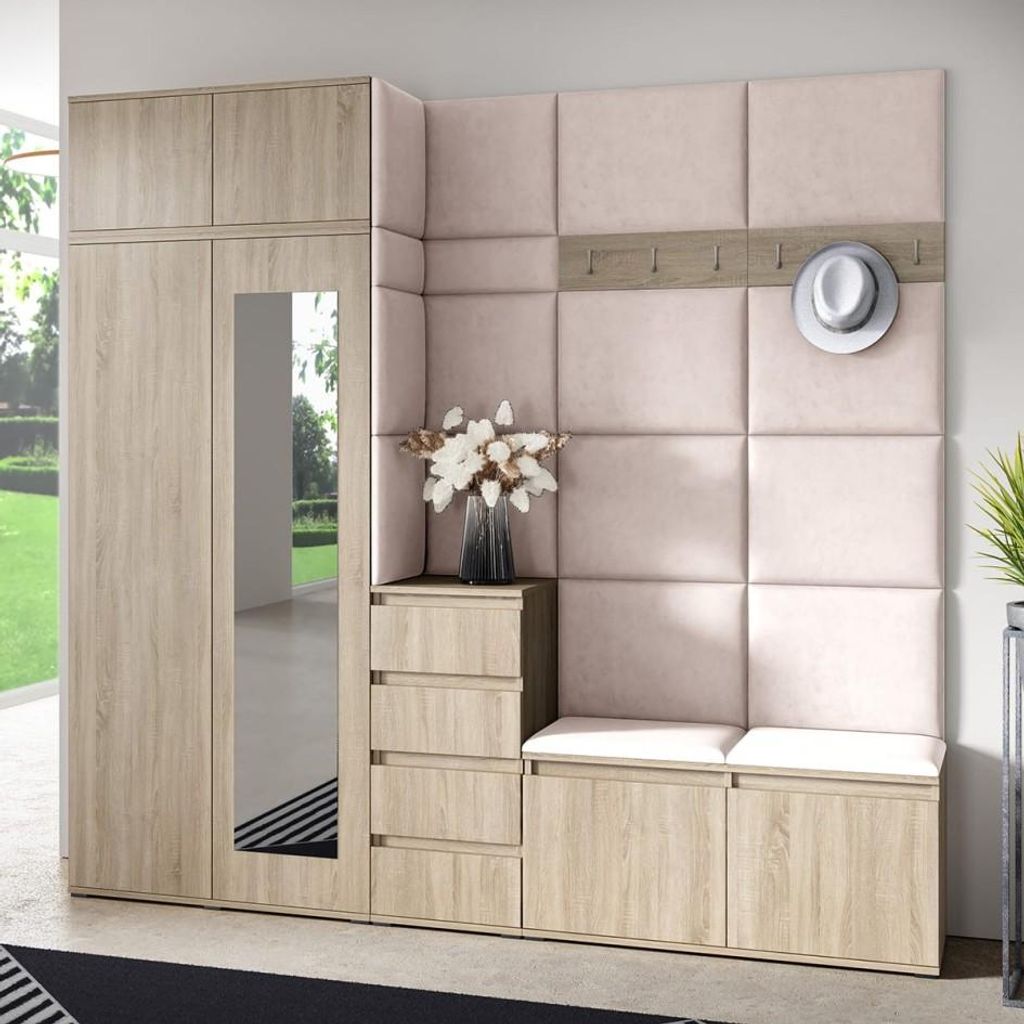 Garderoben-Set BERLIN – Kleiderschrank mit Polsterplatten, Schuhschrank und Schrankaufsatz, für Flur und Eingangsbereich (Sonoma Eiche, Trinity 01)