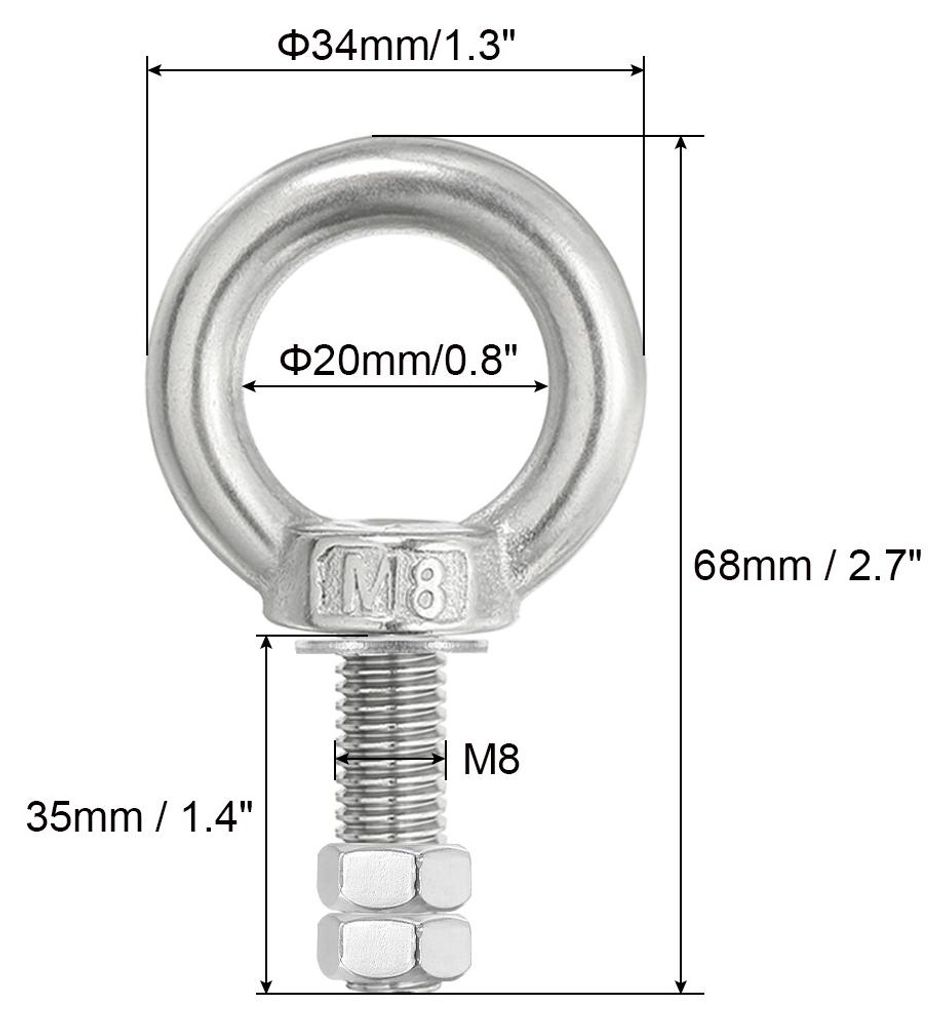 Ringschraube, 4er Pack M8x35 304 Edelstahl Augenschrauben Gewindeschraube Augbolzen Schulter Ring mit Muttern Unterlegscheiben zum Heben Aufh?ngen