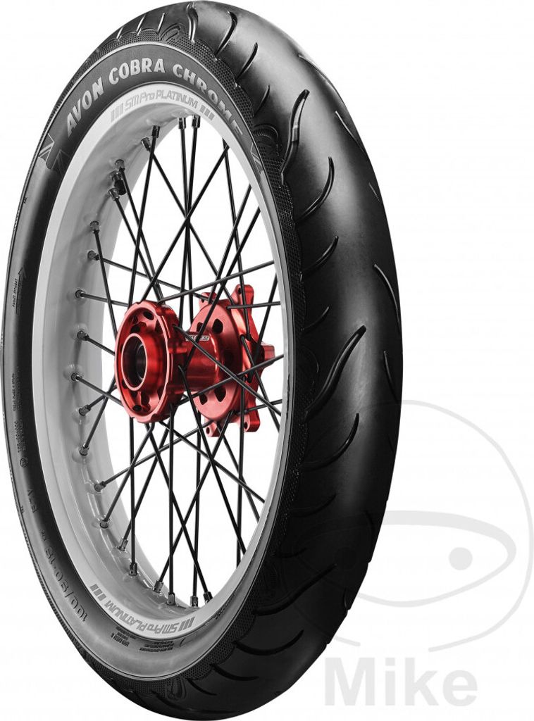 A close-up of a motorcycle tire mounted on a spoked wheel with a red hub.