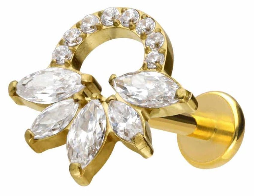 Ohrpiercing, Nasenpiercing Titan Labret mit Push Fit KRISTALLRASSEL Gold Stablänge: 8mm | Stabstärke: 1mm