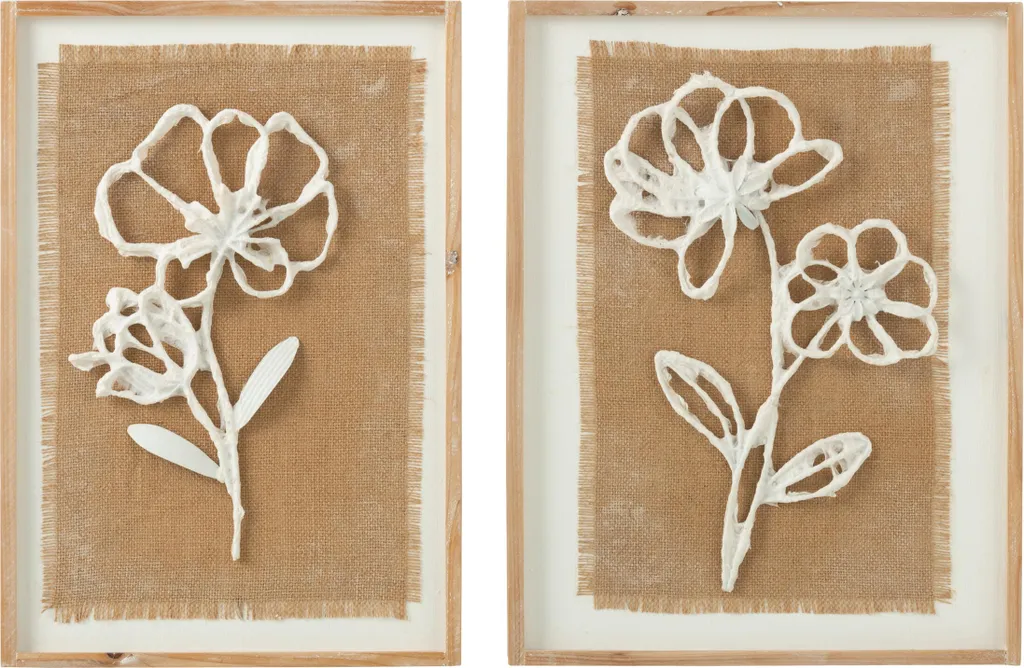 Tableau mural fleurs en bois sculpté blanc et naturel J-Line 40x40cm