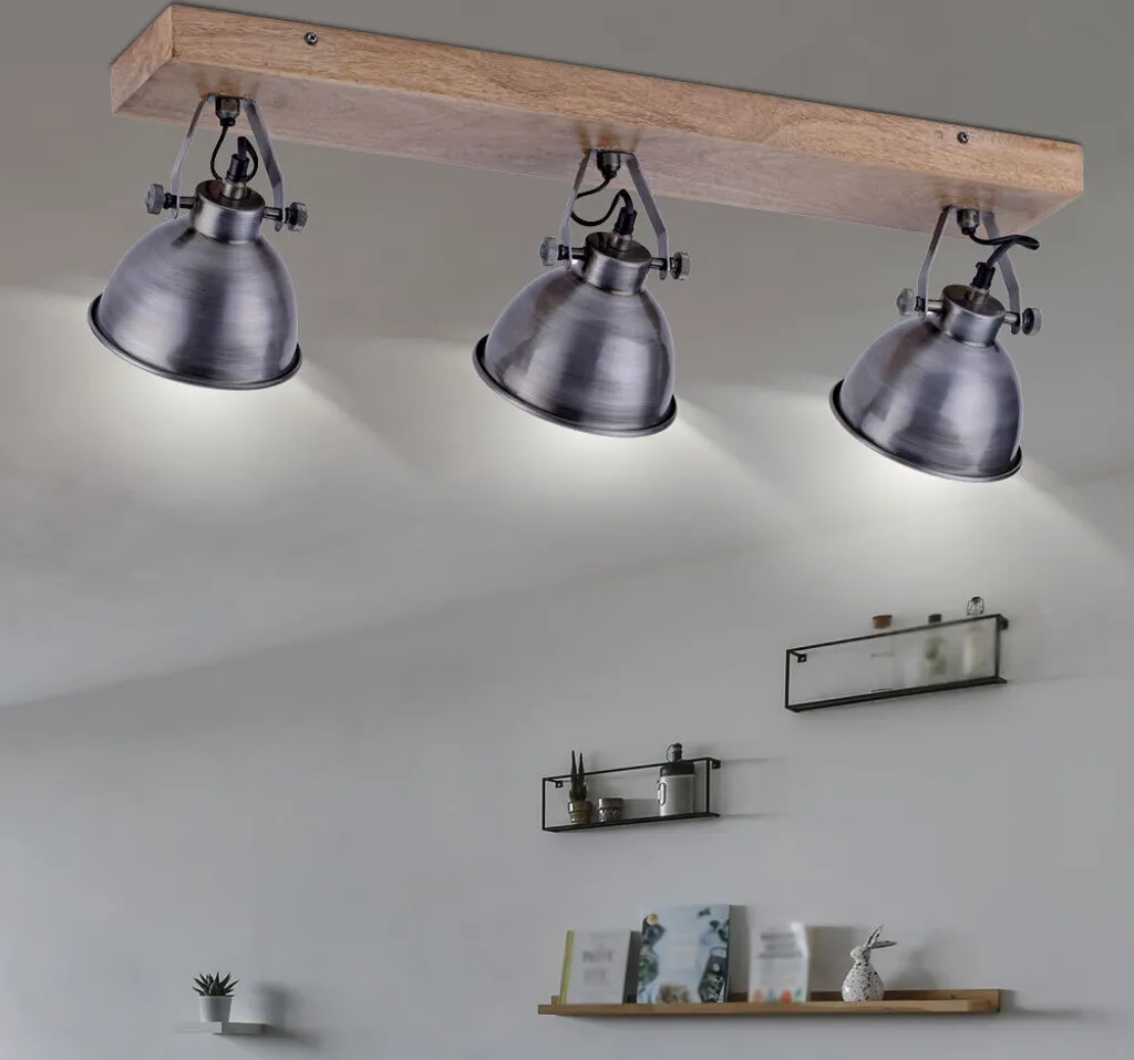 Faretto Soffitto 4 Luci Legno Ferro 74cm | Spot Orientabile Loft