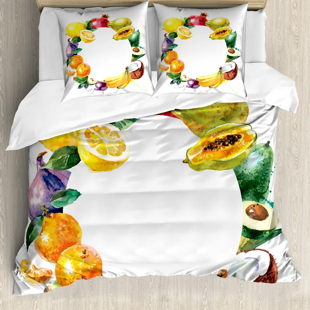 ABAKUHAUS Copripiuma con motivo frutta, alimenti naturali e verdure, antiacaro, adatto a chi soffre di allergie, con federe, 200 cm x 200 cm - 80 x 80 cm, multicolore