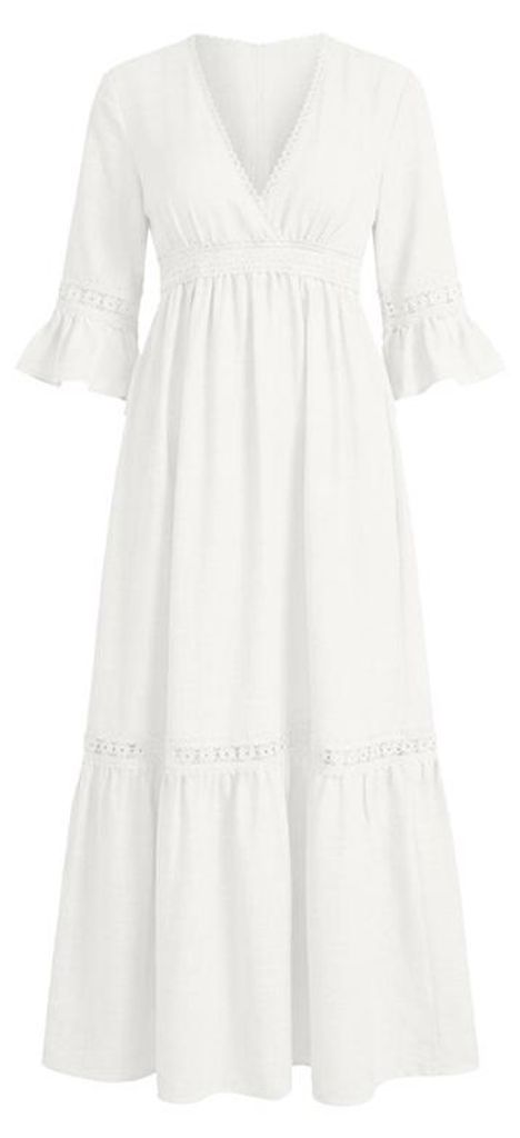 Langes Damenkleid mit Glockenärmeln, V-Ausschnitt und Produktbild 