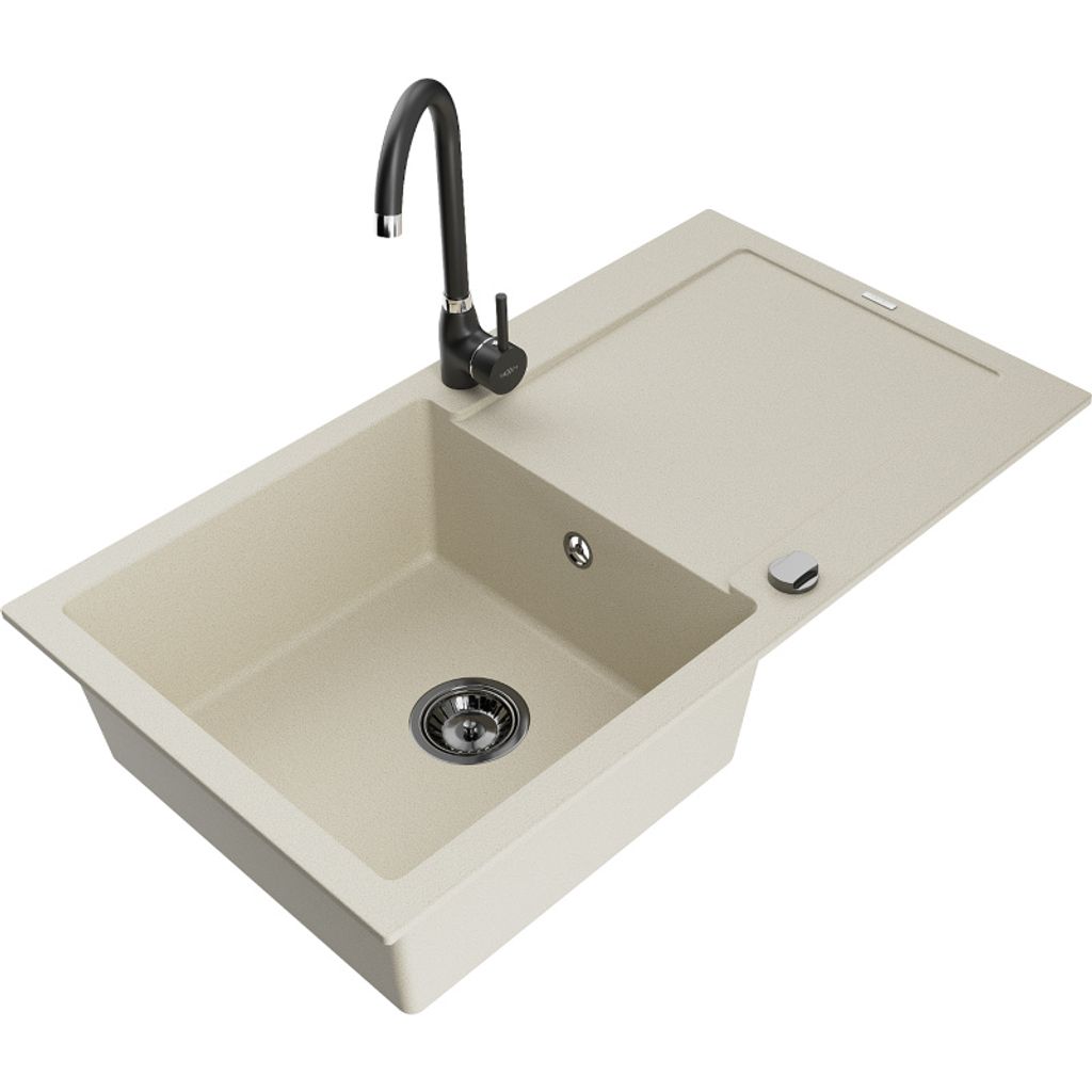 Mexen Leo 1 Becken-Granitspüle mit Abtropffläche und Mischbatterie Telma, Beige - 6501-69-670200-70