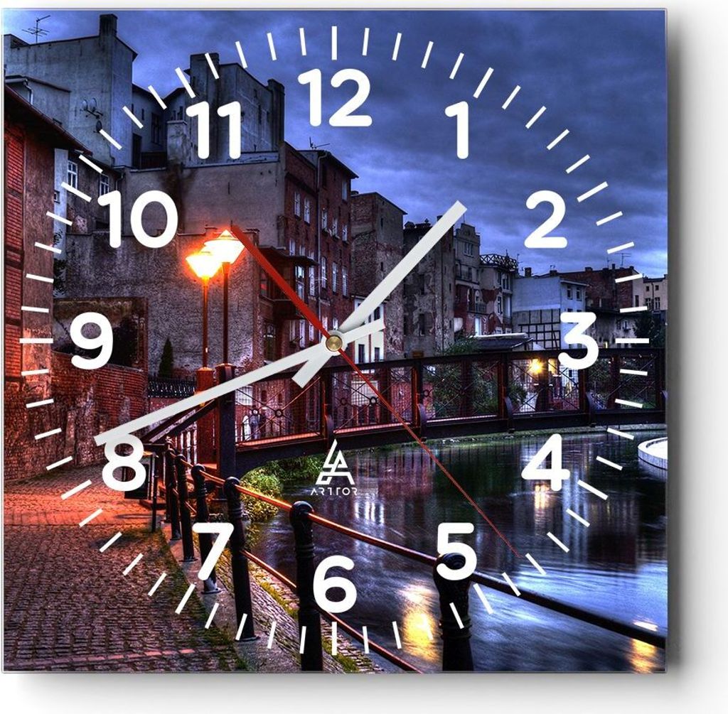Wanduhr - Quadrat - Glasuhr - Architektur Altstadt Stadt Fluss - 30x30cm - Schleichendes Uhrwerk - Lautlos - zum Aufhängen bereit - Dekoration Mod...