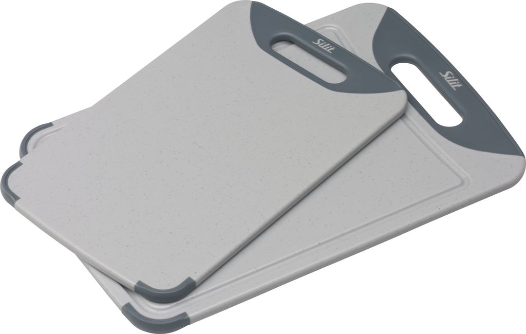 Silit Schneidebrett Set 2-teilig, Kunststoff, Küchenbrett mit Saftrille, Aufhänge-/ Tragegriff, 2 Größen, klingenschonend