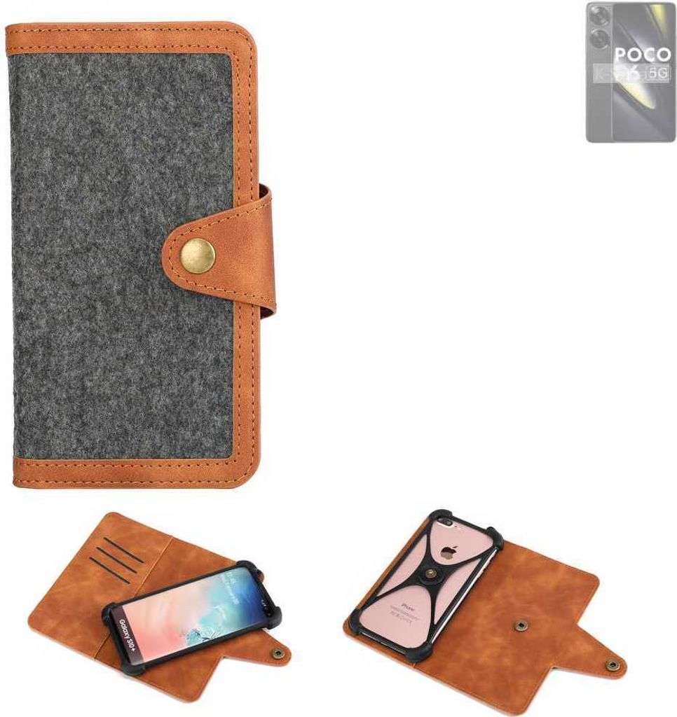 K-S-Trade Schutzhülle Handyhülle kompatibel mit POCO F6 Filz Hülle Kunst-Leder dunkelgrau braun (1x)