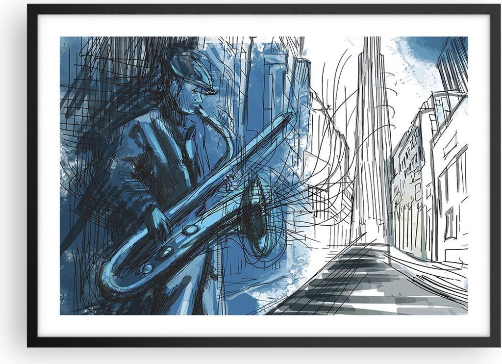 Gerahmtes Poster - Schwarzer Rahmen - Saxophon Musiker Zeichnen - 70x50 cm - Wand Bild - Wanddeko - Wandbilder - Wandposter - Bilderrahmen - Bilder...