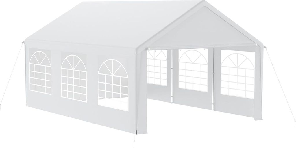 A white party tent with arched windows is shown from a diagonal angle against a white background.