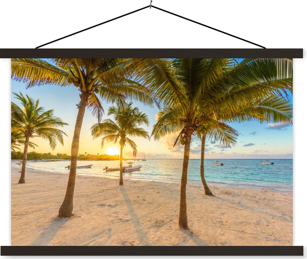 MuchoWow Textilposter Strand - Meer - Mexiko - Sonnenuntergang 90x60 cm mit schwarzem Rahmen - Aufhängungssatz
