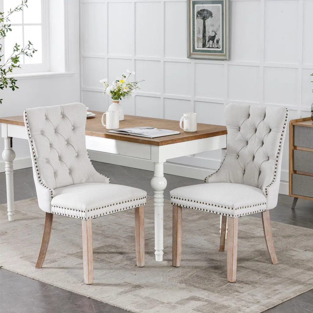 Nikki Collection Lot de 2 Chaises de Salle à Manger en Bois et Lin Beige