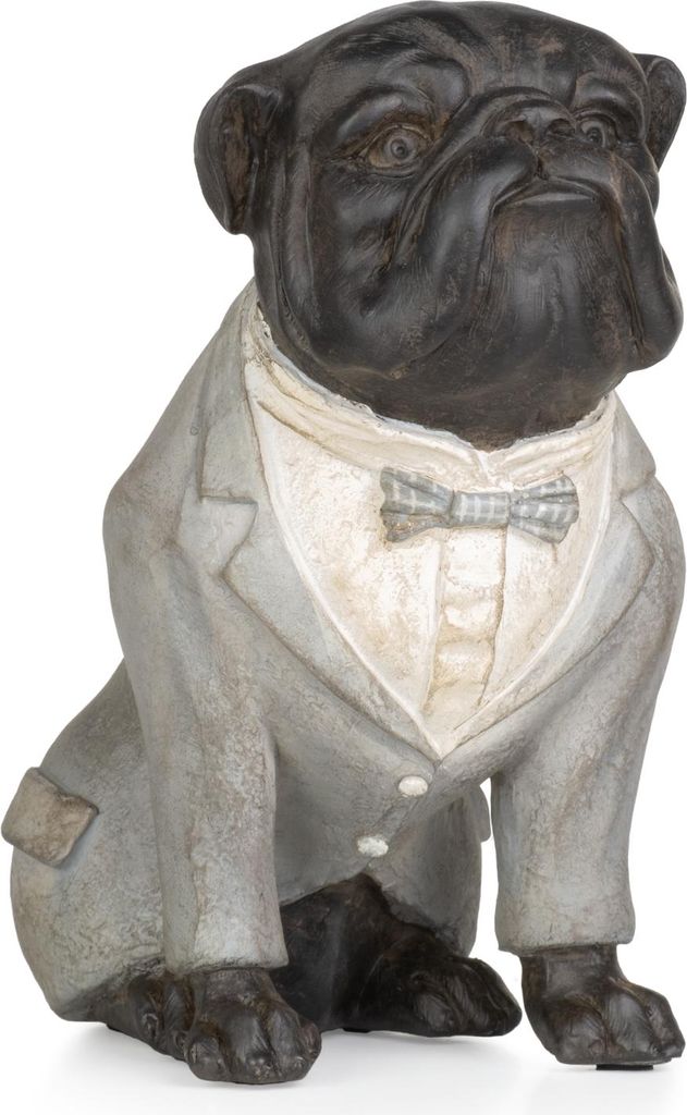 Moritz Deko-Figur Mops Hund im grauen Anzug mit Fliege sitz aus Polyresin Dekorations Idee Standdeko Tierwelt Statue Haustier Skulptur