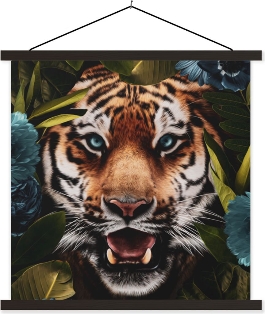 MuchoWow Textilposter Tiger - Dschungel - Blumen 120x120 cm mit schwarzem Rahmen - Aufhängungsset