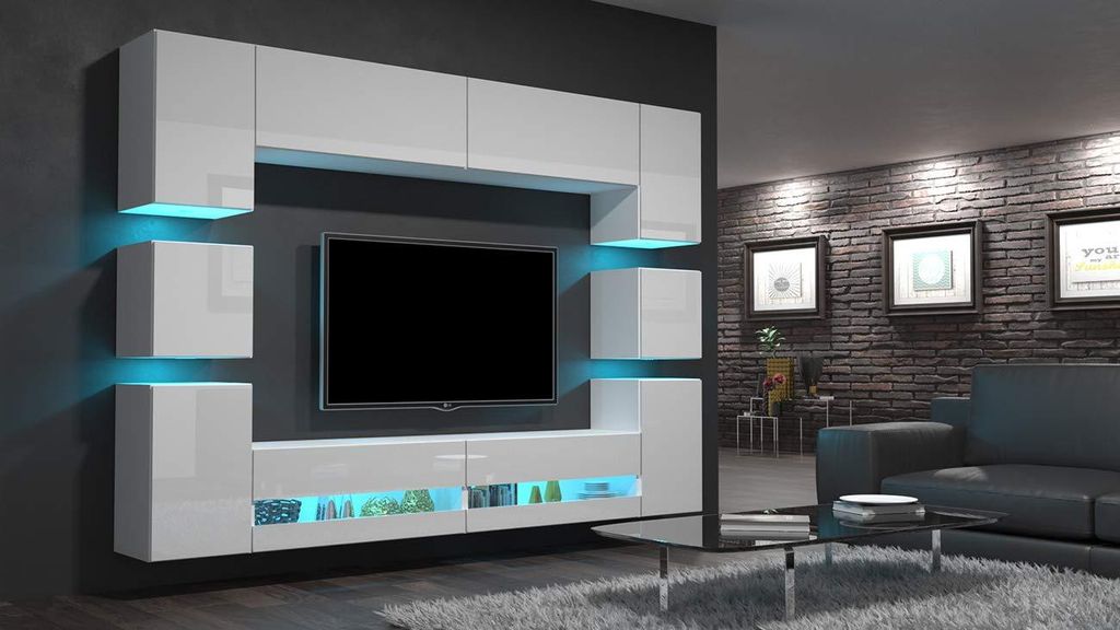 Furnitech Wohnwand Wohnzimmer - Wohnzimmer Möbel mit LED Blau - Hängend Wohnwand Modern - Wohnzimmer Schrankwand(Heidi AN36-18HG-W2 1A - Füße)