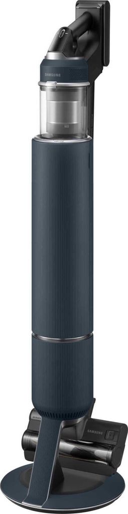 A dark blue cordless vacuum cleaner is shown standing upright on a white background.