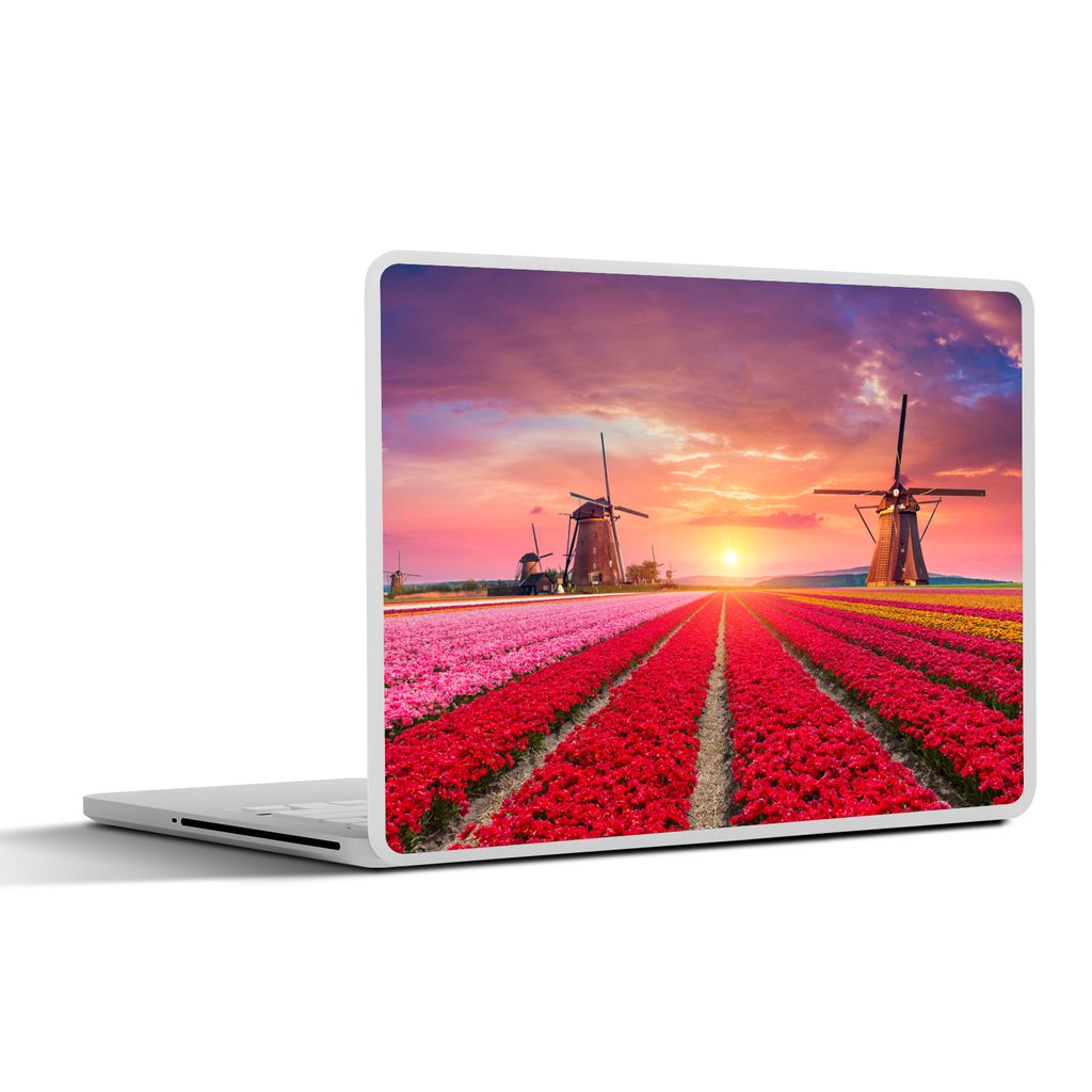 MuchoWow Laptop Aufkleber Sticker Cover Blumen - Windmühle - Tulpen - Sonnenuntergang - Rosa 36.5x27.5 cm - Laptop-Sticker