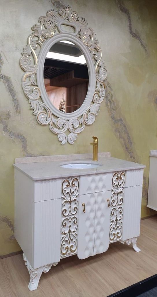 Casa Padrino Barock Badezimmer Set Weiß / Gold - 1 Waschtisch mit Marmorplatte und Keramik Waschbecken & 1 Wandspiegel - Prunkvolle Barock Badezim...