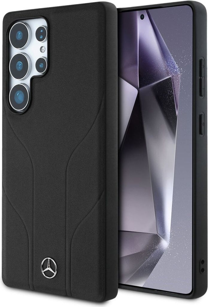 A black Mercedes-Benz branded phone case is shown next to a smartphone.