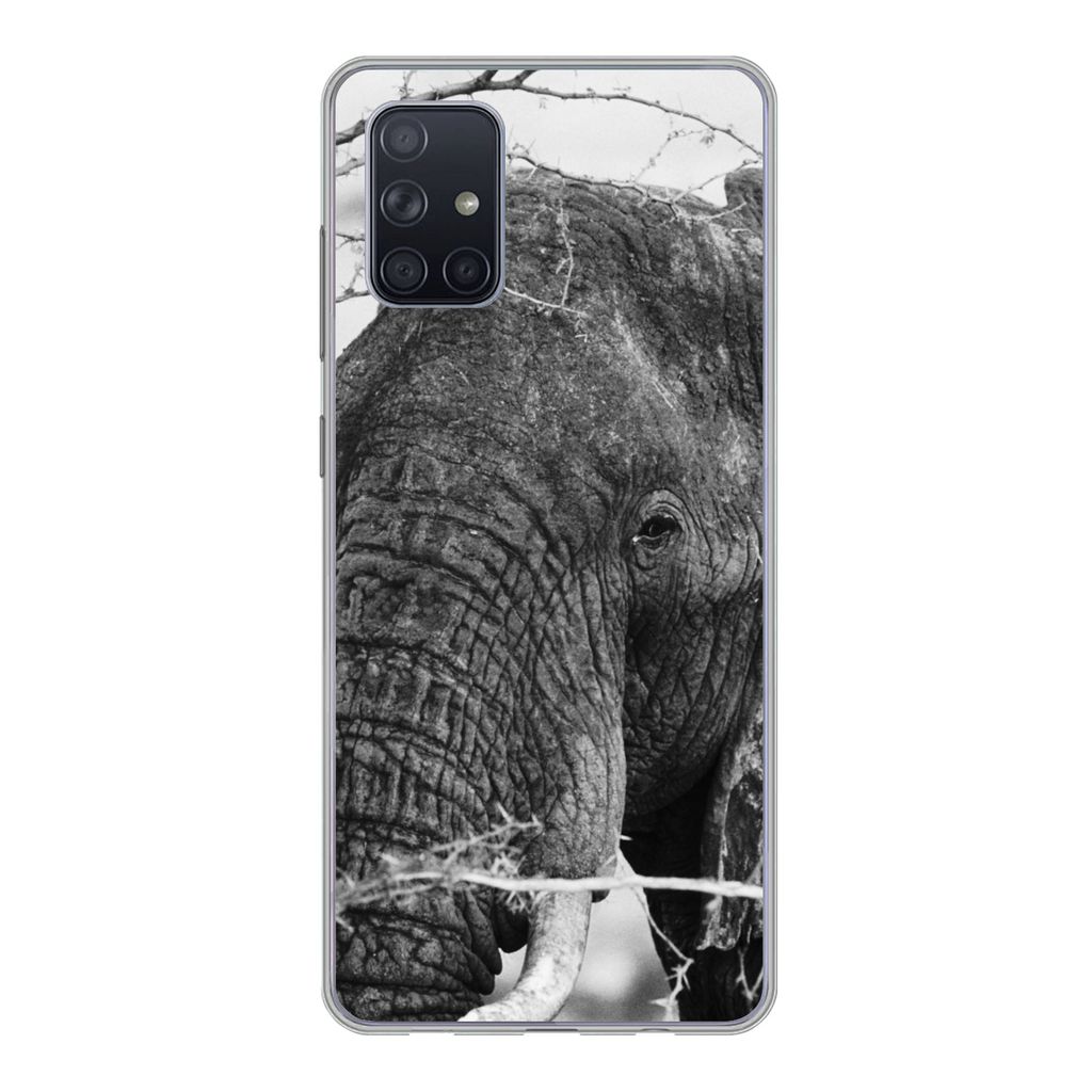 MuchoWow Handyhülle Schutzhülle Hülle für Samsung Galaxy A51 Elefant - Tiere - Äste - Natur - Schwarz und weiß Silikon Softcase Handy Hüll...
