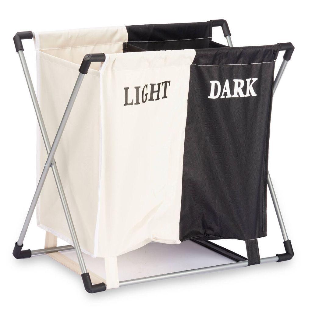KIPIT | Wäschekorb - Wäschesammler - 56 x 34 x 60 cm - Weiß-Schwarz - Wäschebehälter - Zweikammerig