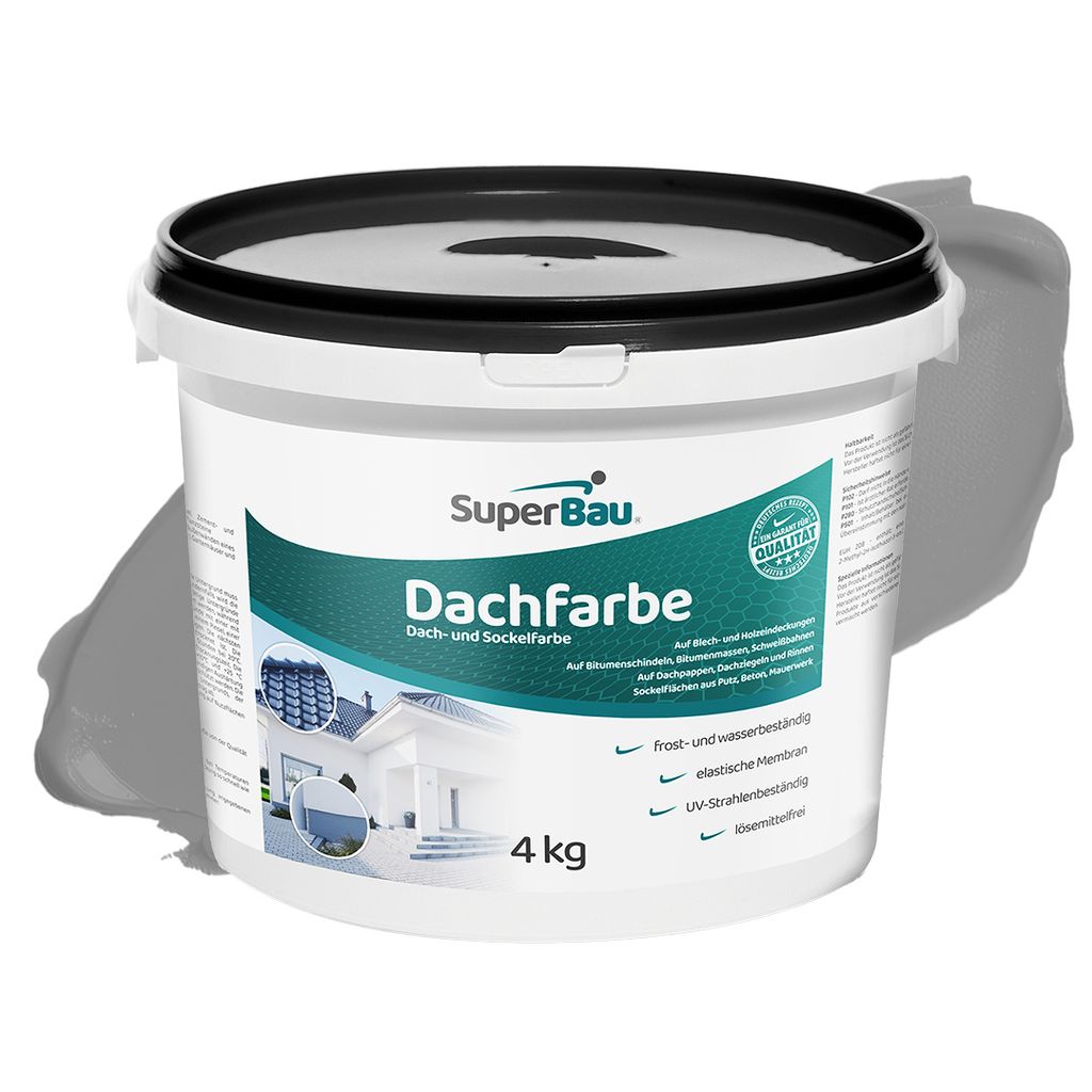 Superbau Dachfarbe Grau 4kg, Sockelfarbe WASSERDICHT, Fassadenfarbe für Außen, Dachbeschichtung für Blechdach, Bitumen, Dachpappe, Schindeln, Putz