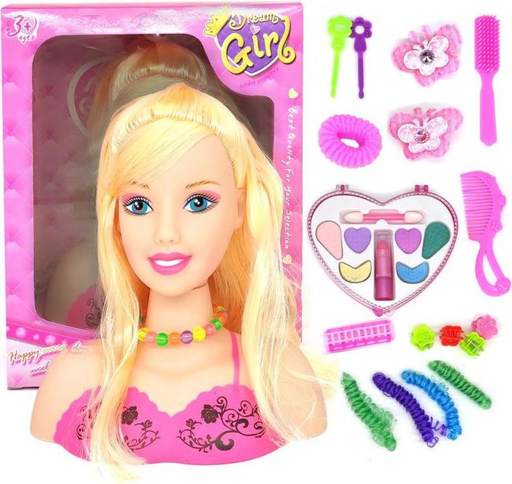 Make-up-Spielset für Kinder, 17-teiliges Friseur-Styling-Kopf-Puppenspielzeug, pädagogisches Geschenk für Kinder und Mädchen